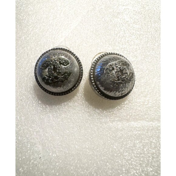 Vintage Chanel Silvertone Rhinestone Dome Shaped Double CC Pierced Earrings - Picture 2 of 7